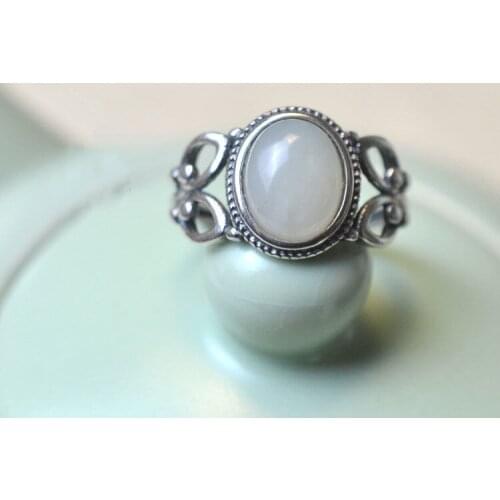 Natural Hetian Jade S925 Sterling Silver White Chalcedony Open Ring Womens Retro Open Ring Ornament