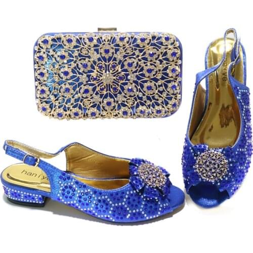 Italian Design Nigerian 2021 Hot Selling Party Ladies Shoes and Bag Set With Rhinestone and Metal Decoration in Bule Color