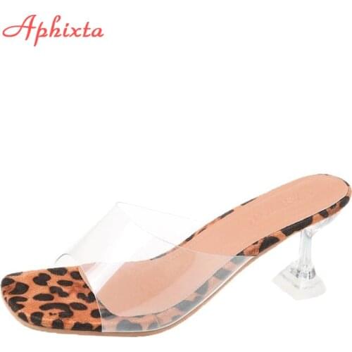 Aphixta Summer Cool Transparent Thin Heels Slippers Women Mules Leopard Women Peep Toe Flip Flops Shoes Plus Large Size 41 42