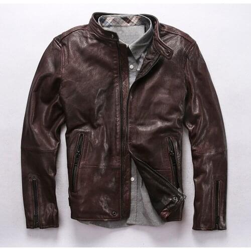 Mens slim fit B2 genuine leather jacket plant tanning goat skin moto biker jacket men stand collar casual leather coat for male