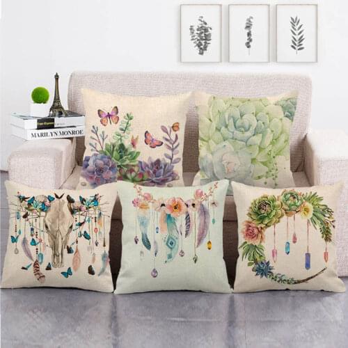45cm*45cm watercolor Succulent plants and feathers throw cushion cover linen/cotton sofa pillow cover decorative pillow case
