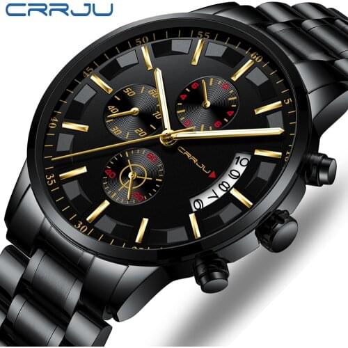 New 2021 CRRJU Fashion Stainless Steel Mens Watches Top Brand Luxury Waterproof Quartz Watch Men Date Dial Sport Chronograph
