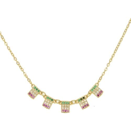 New Arrival gold color plated delicat dainty 5pc rainbow crystal colors cz link paved charm necklace for women sexy high quality