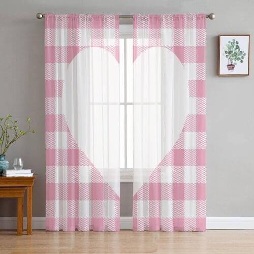 Pink Plaid Love Heart Sheer Curtains Window Tulle Curtains For Living Room Bedroom For Kitchen Veiling Curtains Decoration