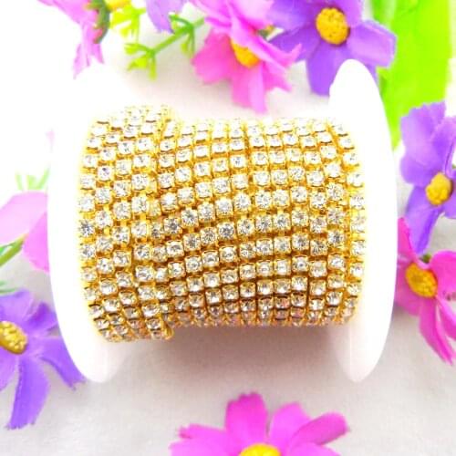 Factory sale High Density 10yards/Roll 5 sizes clear crystal Rhinestone Gold base claw close cup Chain Sew On glue on diy trim