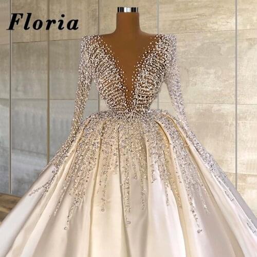 Beading Wedding Dresses African Satin Crystal Long Sleeve Bride Dresses 2021 Dubai Arabic Bridal Gowns Islamic Vestido De Noiva