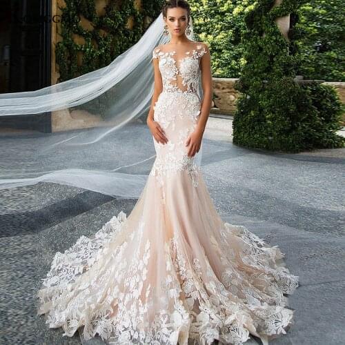 Custom Made O-Neck Cap Sleeve Embroidery Appliques Tulle Bridal Gown Elegant Backless Chapel Train Mermaid Wedding Dress