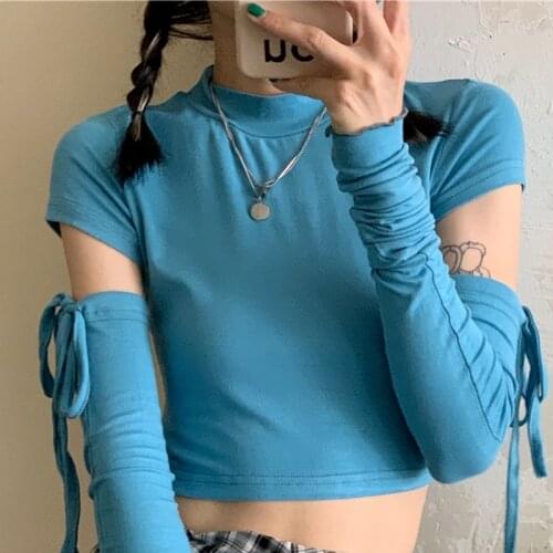 Blue Long Sleeve Crop Top for Women Summer Short T Shirt Ulzzang Korean Style Tshirt Croptop Japanese Teenage Girl Clothes