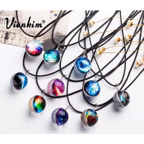 Vienkim 2019 Duplex Planet Crystal Stars Ball Glass Galaxy Pattern Leather Chain Pendants Maxi Necklace Galaxy Lovely Necklace