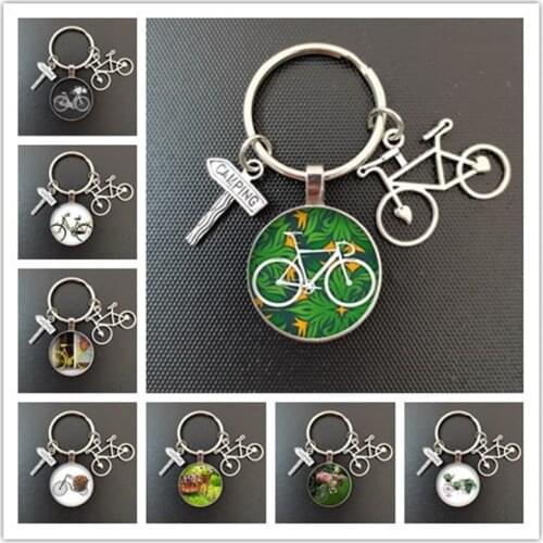 Vintage bicycle and flower basket picture glass cabochon dome DIY bicycle keychain, suitable for love cyclists