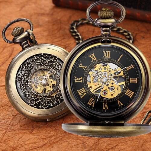 Vintage Retro Pocket Watches Men Copper Necklace Antique Skeleton Mechanical Fob Watches Pendant Hand Wind Chain Clock Male Gift