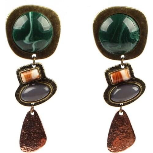 Green Acrylic Simulated Stone Vintage Alloy Metal Pendant Dangle Earrings for Women Resin Drop Jewelry Earrings Accessories