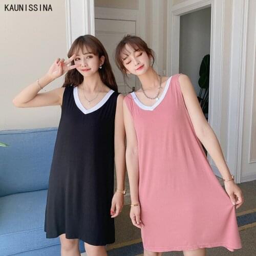 Women Summer Nightgown Chemise Sleepshirts Patchwork V-Neck Sleeveless A Line Loose Plus Size Modal Nightdress Sleepwear