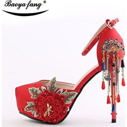 BaoYaFang New arrival Red Womens wedding shoes Red sole Tassel Ankle Strap woman lace-up shoes China style Buckle Pumps