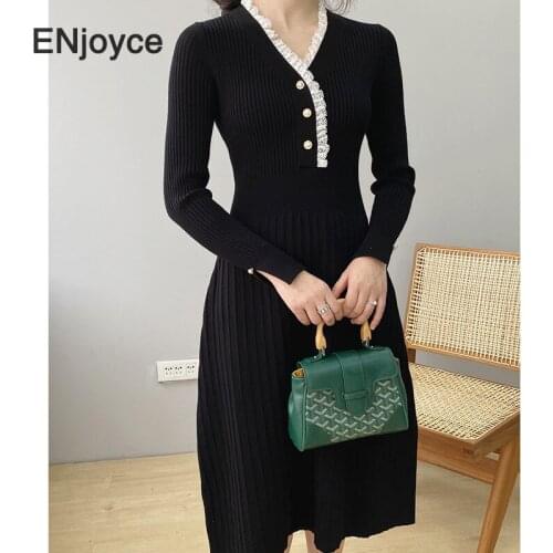 Women Vintage Black Knitted Dress Vestidos Spring New Slim Long Sleeve Elegant Pullover Midi Dress Evening Club Party Dresses