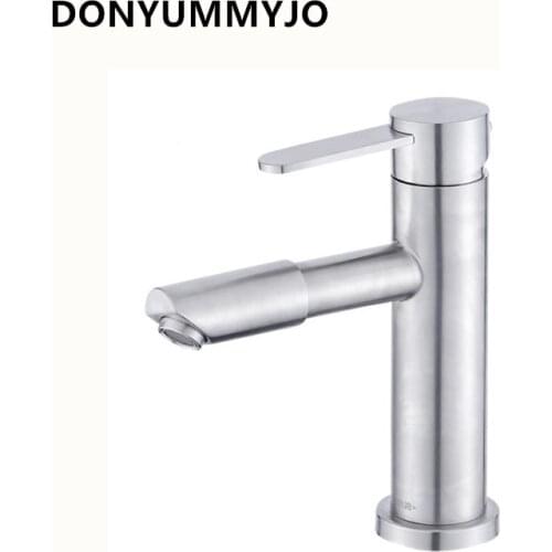 DONYUMMYJO 1pc 304 Stainless Steel Brushed Bathroom Basin Deck Mounted Mixer Faucets Hot and Cold Water Mixer Tap