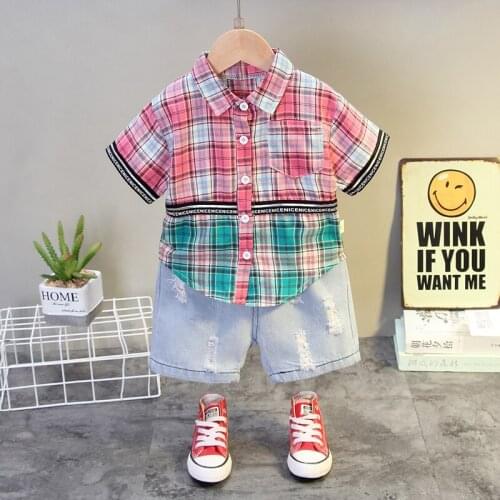 2021 New Summer Baby Boys/Girls Clothes Ribbon Plaid T-Shirt+Denim Shorts 2pc Suits Cotton Toddler Children Outfits