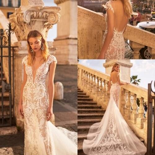 2020 Wedding Dresses Sexy Deep V Neck Short Sleeves Lace Appliques Mermaid Bridal Gowns Backless Sweep Train Wedding Dress