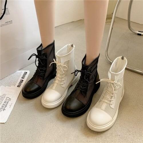 Summer Mesh Boots Women Fashion Lace Up Ankle Boots Woman Shoes Black Sandals Hollow Breathable Zipper Socks Boots Square Heel