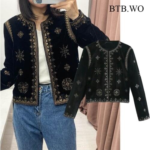 BTB.WO Za Women Fashion Embroidery Vintage O Neck Jacket Coat Long Sleeve Outerwear Single Breasted Female Outerwear Chic Tops