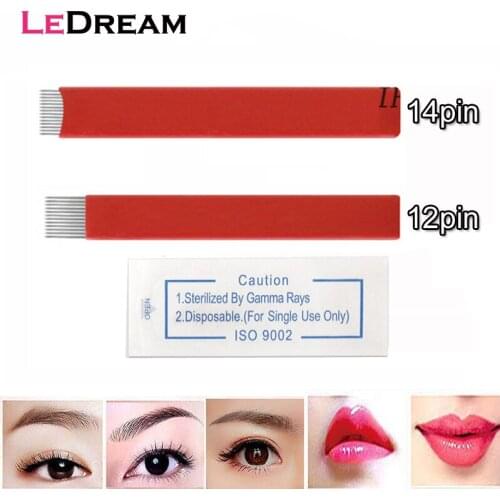 20PCS/lot Red 0.25 12/14 Pin Flat Shading Microblading Tattoo Needles Permanent Makeup Manual Eyebrow Blade Microblade Needles