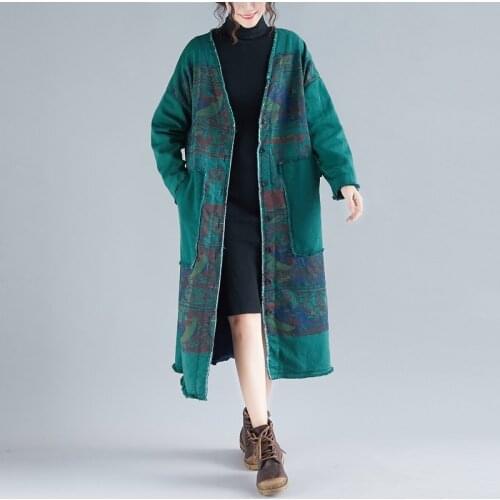 Chinese Style Clothing Women Clothes 2021 Winter Plus Cotton Parkas Coat Print Thicken Warm Loose Big Size Long Outerwear 12102