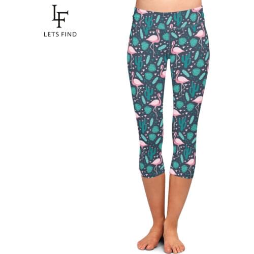 LETSFIND Summer Fashion Women Capri Leggings Flamingos and Plant Printing Mid-Calf 3/4 High Waist Plus Size Casual Leggings