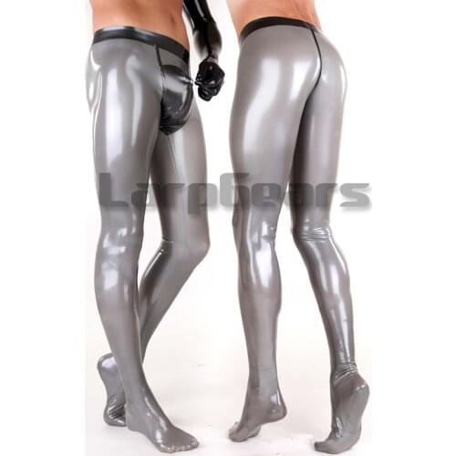 Man silver with black latex rubber leggings with socks and crotch cover front zip jeans latex trousers