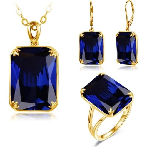 Szjinao 14K Gold Jewelry Set For Women Sparkling Blue Sapphire Pendant Earrings Ring Set Real 925 sterling silver Fine Jewellery