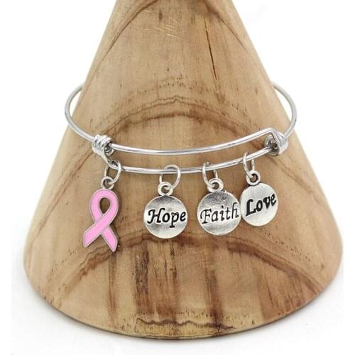 Wholesale 10PCS Hope Faith Breast Cancer Bracelets Stainless Steel Expandable Wire Bangle Awareness Jewelry Women Gifts Pulsera