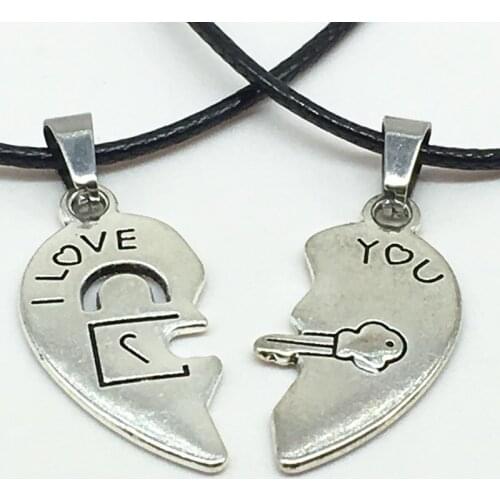 2 PCs/Set Necklace for Women and Men Two Pieces of Heart Pendant Paired Key Lock Rope Necklace Valentines Day Present