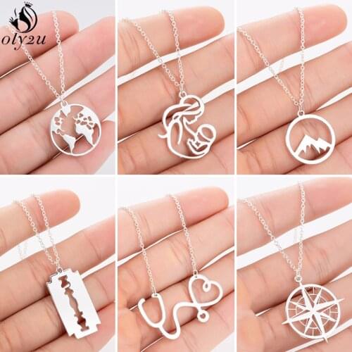 Oly2u Unique Stainless Steel Razor Blade Shaped Pendant Necklaces Hip Hop Jewelry Fashion World Map Necklace Women bijoux femme