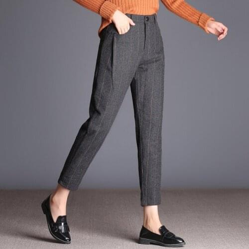 Striped woolen harem pants nine pants wide leg pants girls fat plus size fat mm high waist loose woolen radish pants
