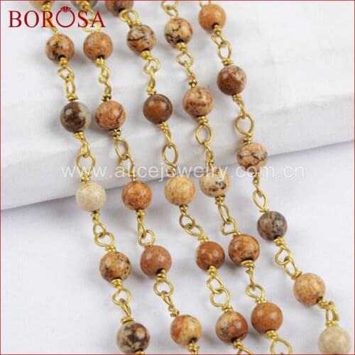 BOROSA 5Meters New Arrival Gold Color 4mm Picture Stone Bead Brass Chain Beaded Chains for Necklace Jewelry JT232