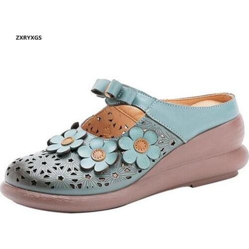 Classic Flowers Bow Summer Fashion Slippers Fashion Sandals 2020 New Outdoor Slippers Hollow Genuine Leather Shoes Woman Sandals