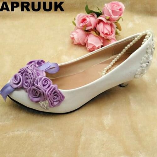 Spring summer women middle heels wedding shoes handmade rose flower women wedding shoes bride ceremony party pumps purple