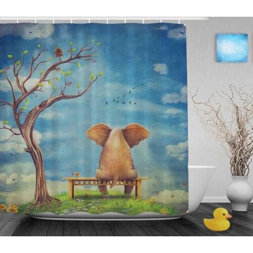 Cartoon Elephants Back Decor Shower Cutains Blue Sky And Tree Decor Bathroom Curtains Polyester Waterproof Fabric With Hooks