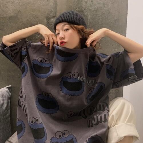 Female Korean Harajuku Retro Loose Lazy Cartoon Print Tshirt Womens T-shirts Tops Japanese Kawaii Ulzzang Clothes For Women