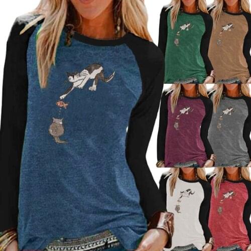 Women Autumn and Winter Fashion Printing Shirt Graphic Tee Raglan Long Sleeve Elegent Round Neck Pullover Loose Casual Tops