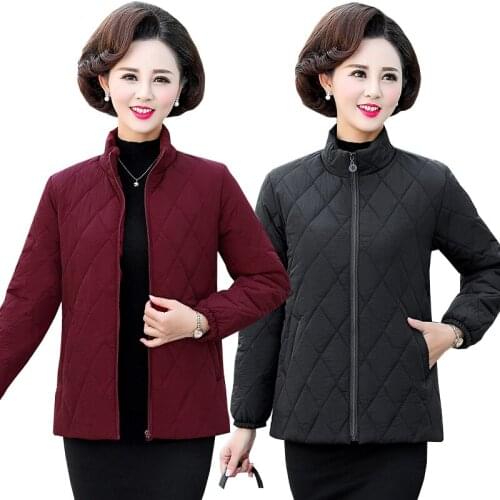 Middle-aged womens Thin Down cotton Jacket Autumn Winter Slim Short Outerwear Plus size Mother Stand collar Female Coat Tops