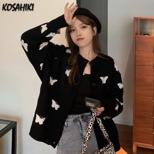 KOSAHIKI Clothes Women Sweaters Cardigan Vintage Butterfly Short Knitted Long Sleeve Harajuku Style Outerwear Chaqueta Aesthetic