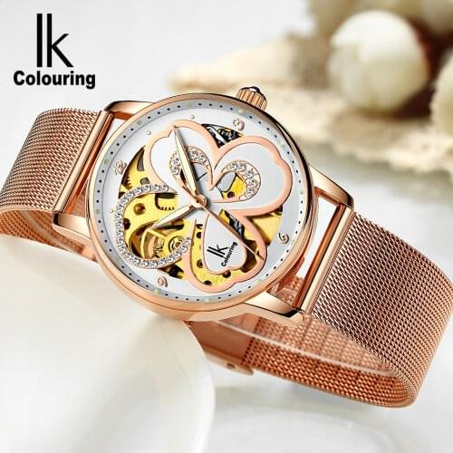 IK Colouring Women Automatic Mechanical Watch Luxury Rose Gold Dress Clock Lady Relojes Mujer Girl Skeleton Wristwatches Montre