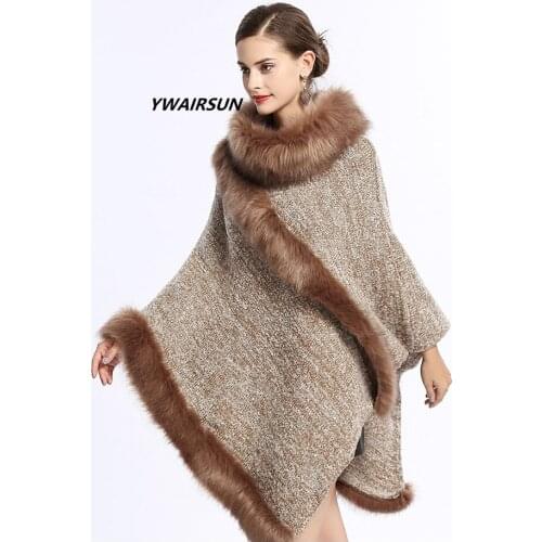 YWAIRSUN Circle yarn two fur cape womens knit coat novelty shawl dress round neck pullover poncho fox fur pashmina mujer