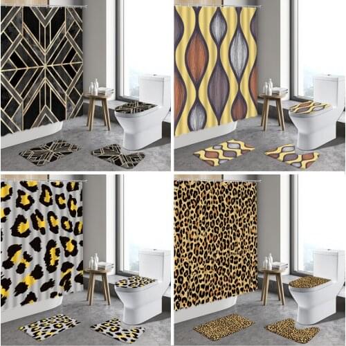 4pcs Geometric Marble Shower Curtain Animal Leopard Pattern Modern Lattice Stripe Anti-Slip Bath Mat Toilet Bathroom Carpet Rugs
