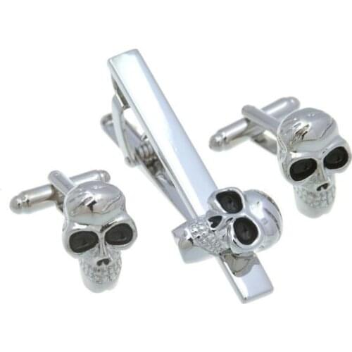 5Sets/lot Skull Cufflinks + Tie Clip Sets Silver Skeleton Cuff Link Tie Pin Bars Set Copper Made Mens Jewelry Accessory Gift