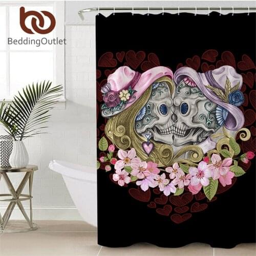 BeddingOutlet Skull Couples Shower Curtain Waterproof Polyester Pink Flowers Gothic Bath Curtain With Hooks Home Decor 90x180cm