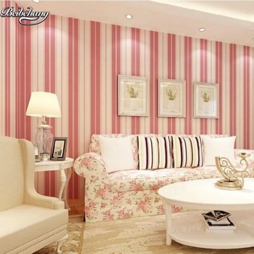 Beibehang Mediterranean vertical striped nonwoven wallpaper blue green yellow red pink warm bedroom living room full of