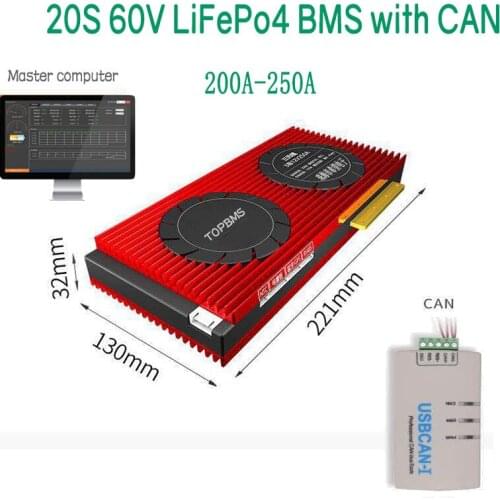 LiFePo4 BMS 20S 60V Bluetooth 200A250A phone APP RS485 CAN NTC UART for iron phosphate Batteries 3.2V connected in 20 series