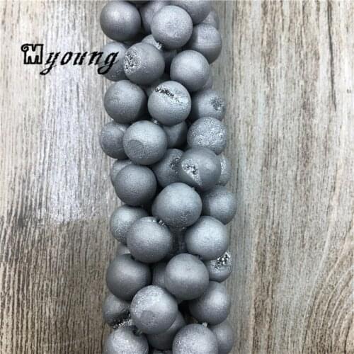 15.5"Strand Argent Silver Titanium Natural Stone Agates Beads,Matte Druzy Geode Beads,Round Loose Beads 5 strands/lot MY0088