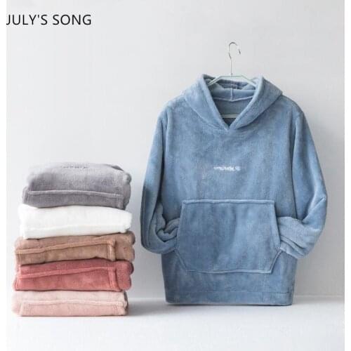 JULYS SONG Flannel Women Casual Pajamas Sets Velvet Hoodies 2 Pieces Sweatshirt White Warm Sleepwear Homewear Sleep Pants